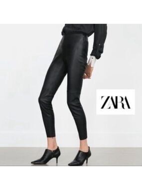 Zara black faux leather high rise zipper ankle leggings Sz S vegan pleather